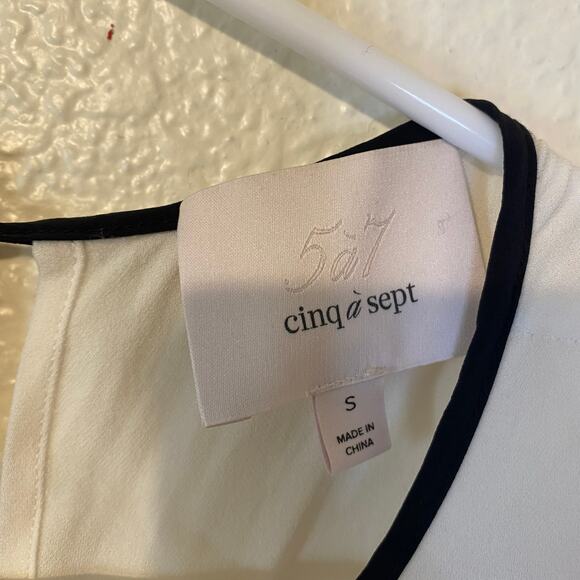 Cinq a Sept White & Black Trim Tie Back Silk Babydoll Peplum Blouse Size Small - Picture 5 of 5